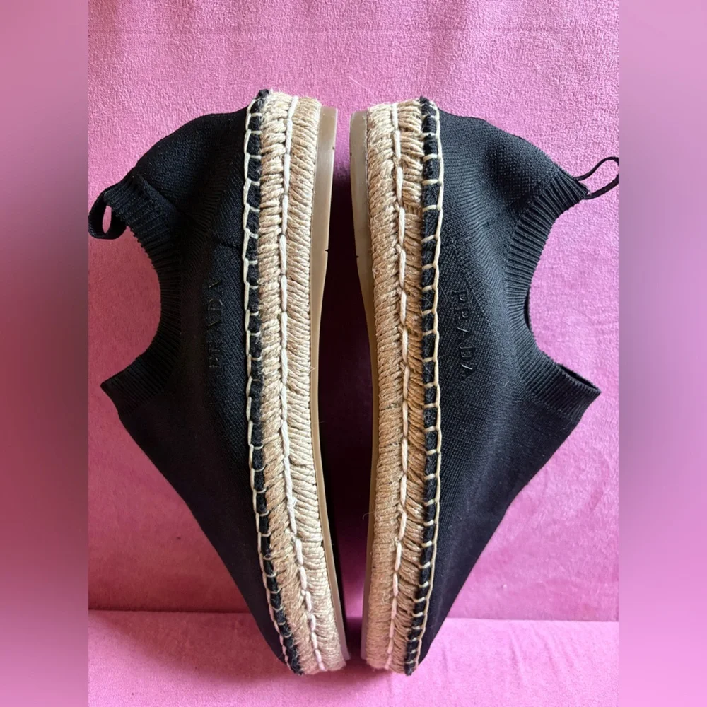 Prada Calzature Donna Black Knit Cotton Espadrille Shoes Slip On Jute Trim 37.5